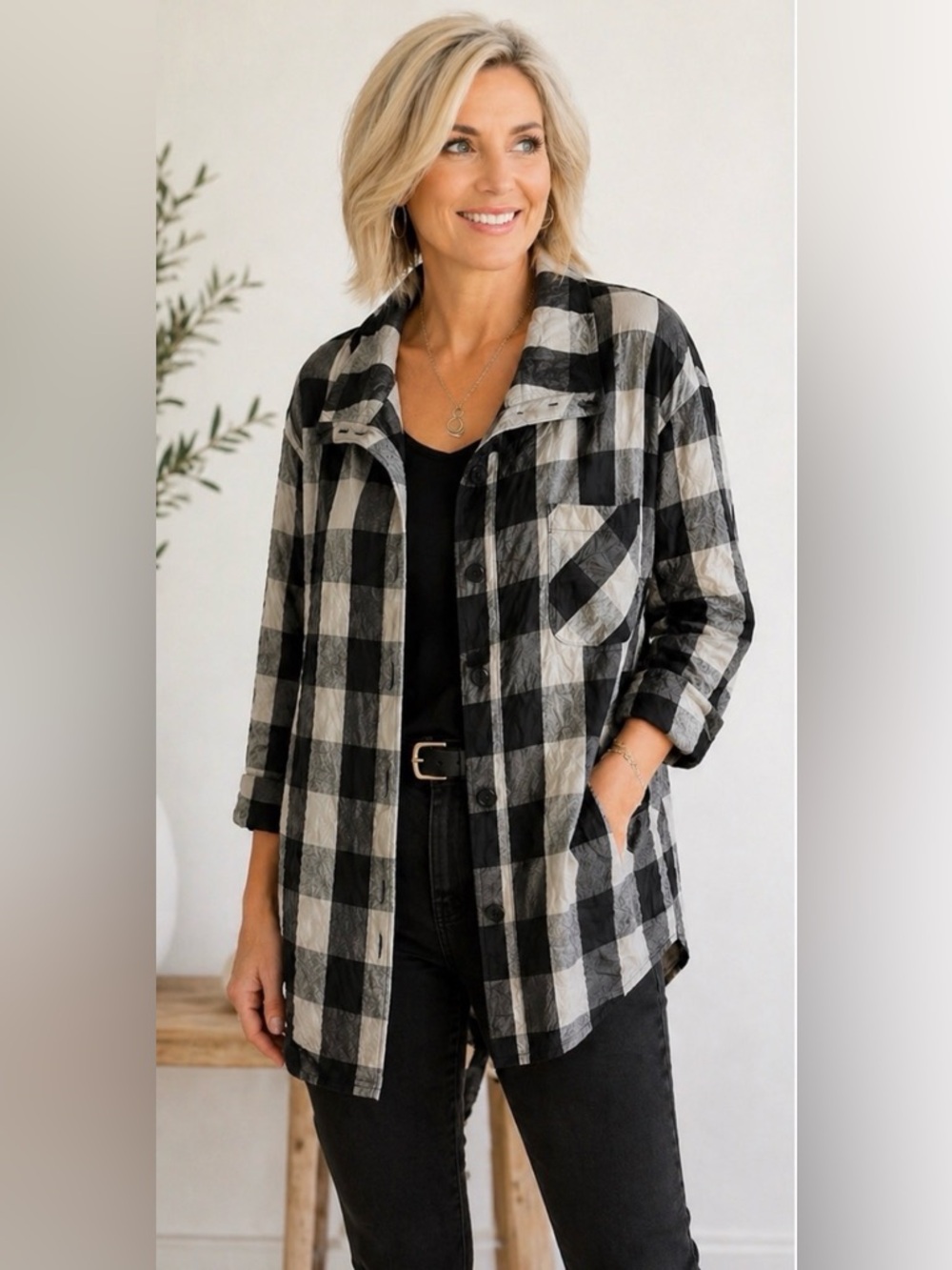 Peter Nygard Plaid Checkered Utility Jacket Black Grey Crinkle Button Up (L)